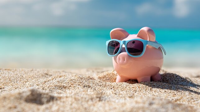 Pink piggy bank wearing bright blue sunglasses sitting on the warm sandy beach during a sunny tropical summer holiday vacation