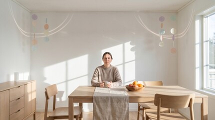 Fototapeta premium Quiet dining interior with centered parent and orderly signal forms