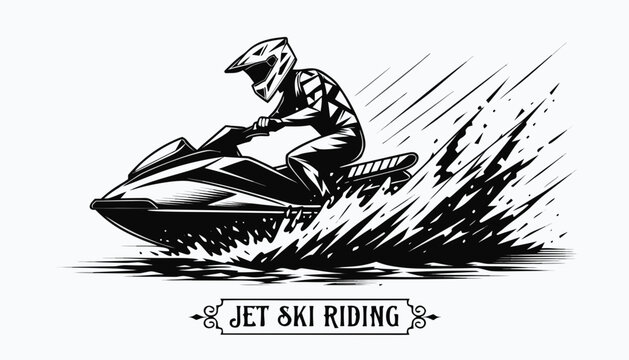 Very beautiful black-and-white engraved vector illustration featuring a jet ski rider racing across rough waters, dramatic splash effects, detailed motion lines, and decorative label reading "JET SKI 