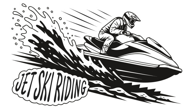 Very beautiful black-and-white engraved vector illustration featuring a jet ski rider racing across rough waters, dramatic splash effects, detailed motion lines, and decorative label reading "JET SKI 
