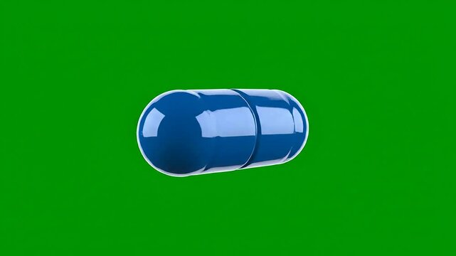 Deep Blue Oblong Caplet With A High-Gloss Polished Finish Floating Against A Green Chroma Key Background