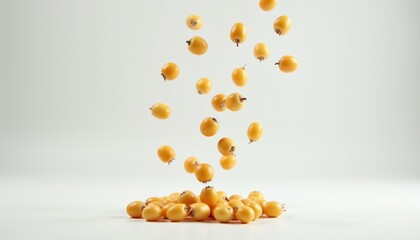 Fototapeta premium Small yellow fruits fall from air to form pile on white background. Healthy food concept, fresh produce, natural ingredient. This photo is great for food blogs, recipes, and health articles.