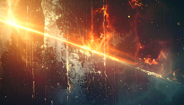 Abstract space nebula with bright golden light streaks, particle dust, cosmic energy