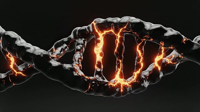 Dark Polished Obsidian DNA Helix With Glowing Orange Internal Veins 4K Abstract Visual Relevant To Biotechnology And Genetics