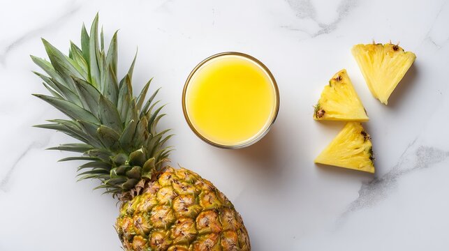 Fresh pineapple fruit next to a glass of delicious yellow juice with sliced tropical pieces on a marble surface