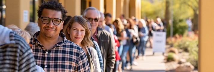 Fototapeta premium A diverse line of Arizona voters at a bright polling place, desert colors and sunlit architecture in the background, energetic community mood, clear midday light, medium-wide composition with faces
