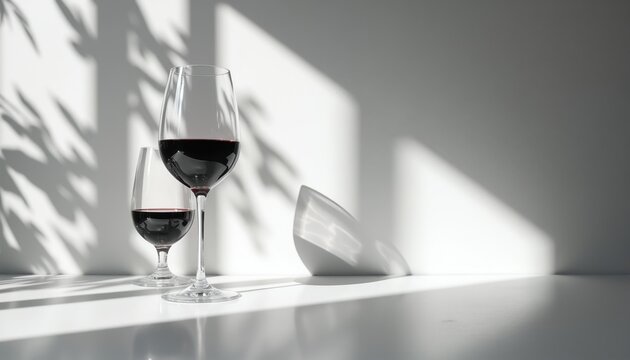 Two glasses of red wine on white table. Sunlight casts leaf shadows on wall behind. Minimalist elegant still life with beverage. Perfect for cozy home bar.