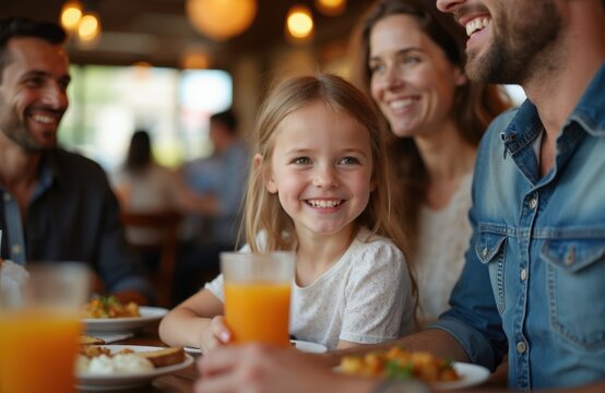 Smiling girl drinks orange juice at family restaurant. Parents and child eat food, enjoy meal together at cafe table. Happy moment sharing lunch with loved ones.