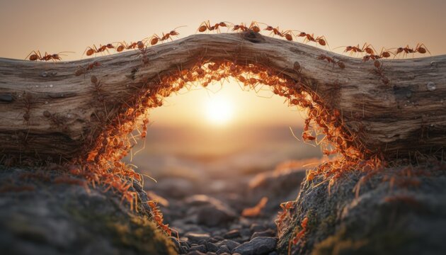 Colony of red ants builds a bridge across a piece of weathered wood during a scenic sunset to demonstrate teamwork and collective behavior