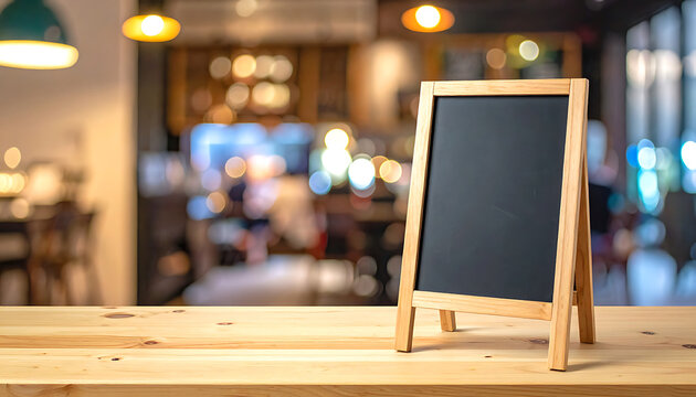 Blank chalkboard menu sign standing on wooden table, restaurant cafe interior bokeh