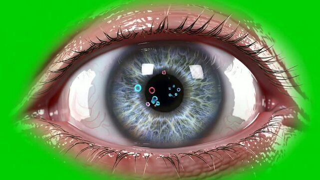 Detailed 3D CGI Human Eye Anatomy Rendering with Realistic Iris and Pupil Features on Green Screen Background for Medical Animation and Compositing Use