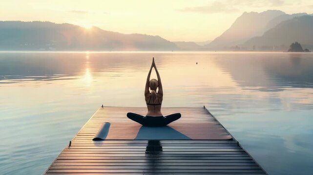 A woman in activewear engages in a yoga routine on a wooden pier, with arms raised. The morning sunlight reflects on the water and mountains in the background, promoting tranquility.