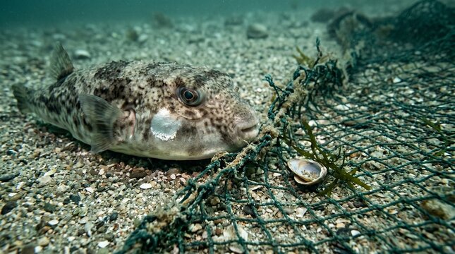 Close Toadfish Portrait Near Torn Net On Mixed Sand And Pebbles