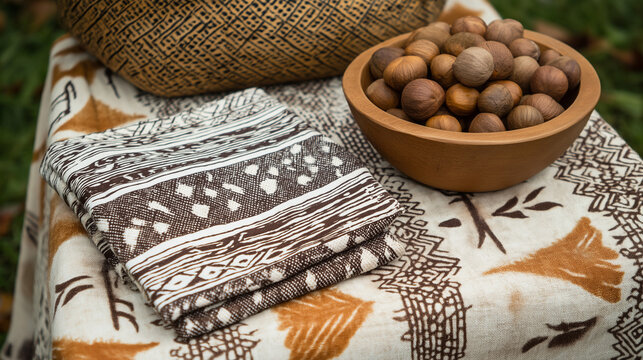 shea. Mud cloth fabric with shea nuts and woven basket, West African craft and natural decor. event programs, museum guides, designed for cultural heritage projects and event programs.