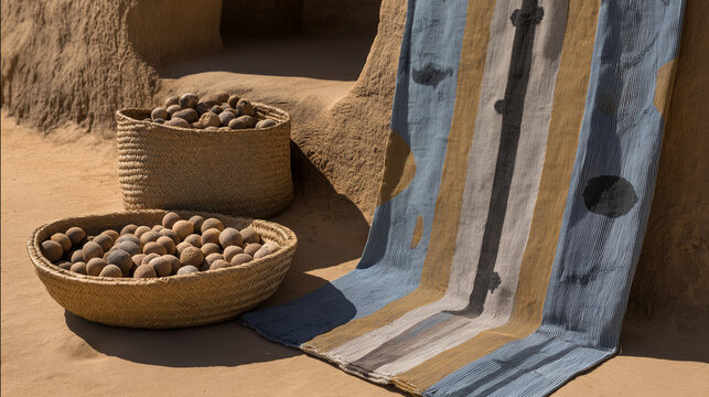 shea. Mud cloth fabric with shea nuts and woven basket, West African craft and natural decor. event programs, museum guides, designed for cultural heritage projects and event programs.