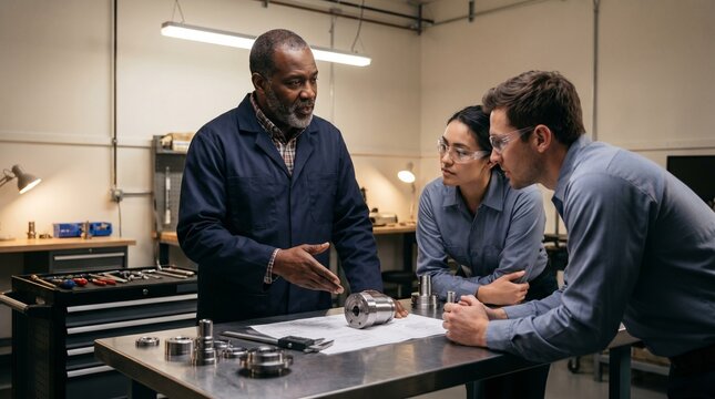 Experienced Workshop Supervisor Training Technicians On Factory Floor