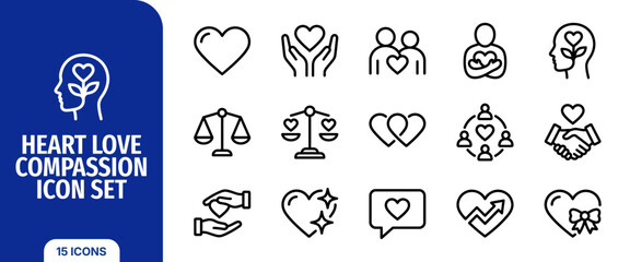 Fototapeta premium Heart love compassion icon set thin line icons for love, care, charity, kindness, empathy, and social support vector illustration
