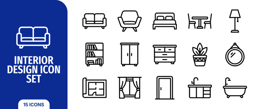 Interior design icon set, furniture and home decor thin line symbols, vector illustration