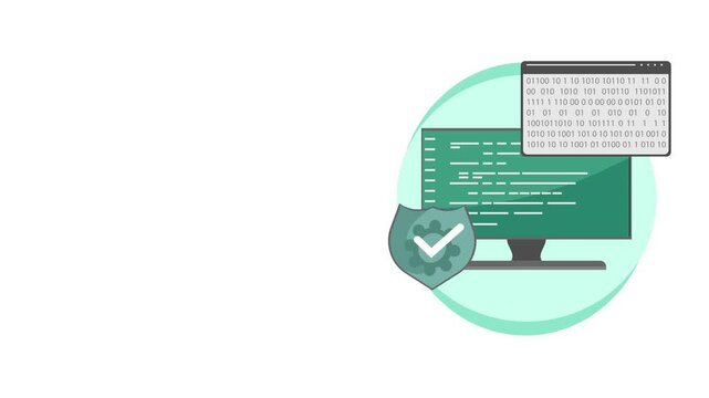 Software security audit animation featuring code review, application testing, secure software development, and modern cybersecurity interface with copy space.