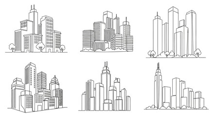 Obraz premium Urban Landscape Outlines A Collection of Hand-Drawn City Skylines and Architectural Sketches, Illustrating Modern Building Designs for Various Urban Development Concepts