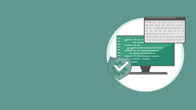 Cybersecurity explainer animation with code analysis, live monitoring interface, binary data, and copy space for software, network, and technology projects.