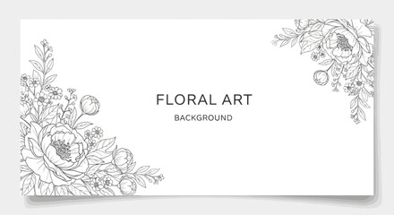 Fototapeta premium Elegant Hand-Drawn Floral Line Art Corner Decorations for Invitations and Backgrounds, Featuring Delicate Botanical Blooms and Leaves