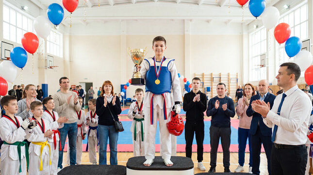 The award ceremony for the winner of the children's competition. A boy on a pedestal with a gold cup in his hands and a medal for first place in martial arts.