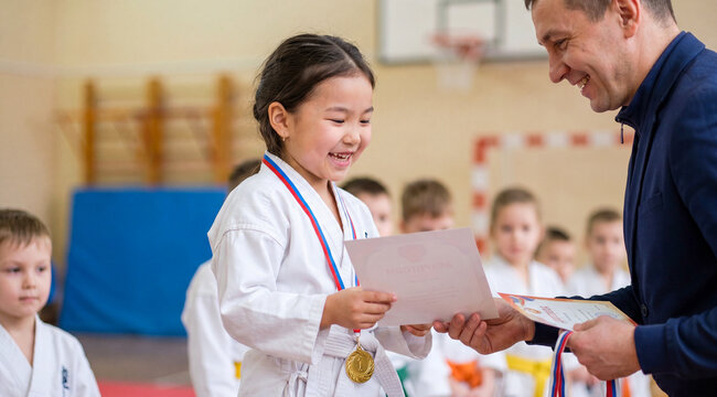 The award ceremony for the winner of the children's competition. A girl with a winner's diploma in her hands and a medal for first place in martial arts