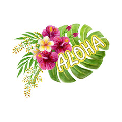 Watercolor Vector Illustration of Aloha Typography with Tropical Hibiscus Flowers and Monstera Leaf Isolated © MindfulSolutionsArt