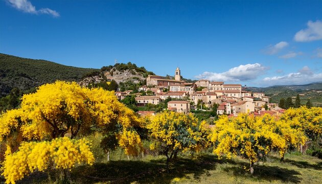 view of the village bormes les mimosas mimosa trees in bloom in the foreground
