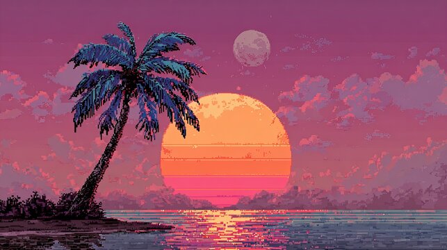 Pixel art palm tree standing on a tropical beach during a vibrant sunset with a glowing moon in the sky