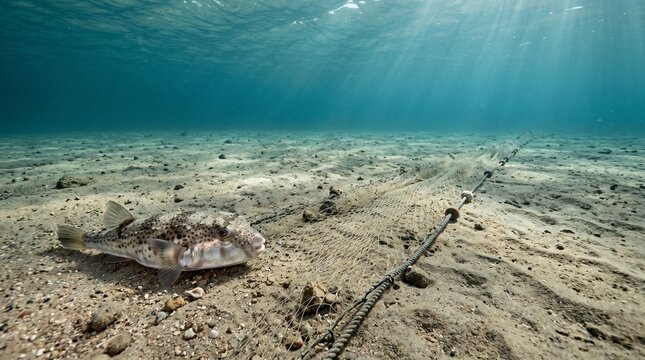 Wide Underwater Story Of Toadfish And Empty Net On Bare Sand