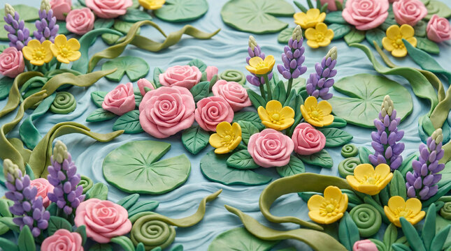 Flowers from plasticine, plasticine background, children's creativity, modeling from plasticine, school of arts and creativity, cartoon, animation