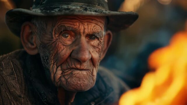 A portrait of an aged man, his face weathered with deep wrinkles, wears a worn hat, gazing with wisdom. A vibrant fire lights his face, symbolizing warmth and endurance.