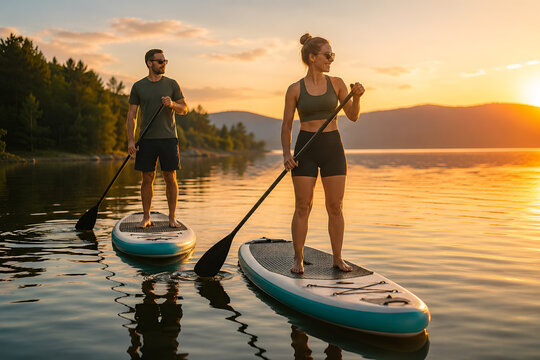 Couple paddleboarding on calm lake at sunset