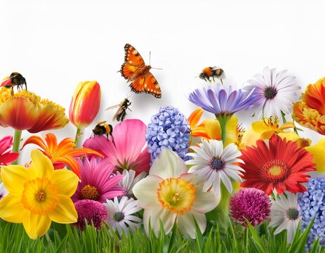 seamless border of colorful spring garden flowers with insect pollinators on white background