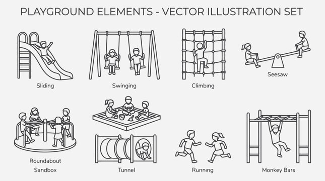 Playground elements vector illustration set with children playing on slide, swings, climbing net, seesaw, roundabout, sandbox, tunnel, and monkey bars editable vector