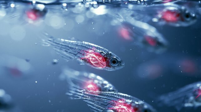 Transparent zebrafish larvae swimming in clear lab water inside a temperature-controlled glass tank, visible glowing heart anatomy overlays, precise scientific mood, bright studio lighting, side-view