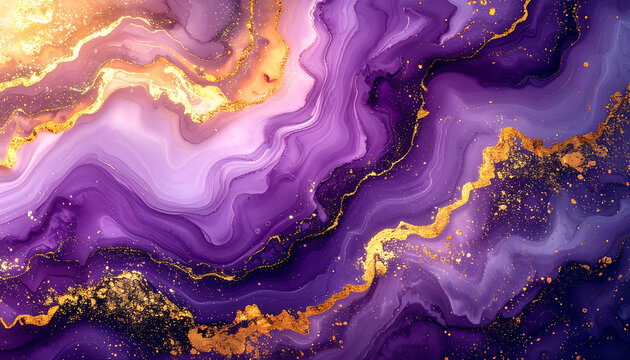 Abstract purple and violet marble texture with flowing gold glitter veins, liquid luxury background for modern design