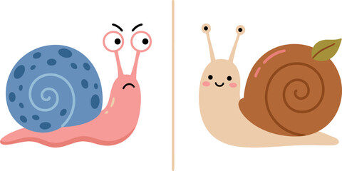 Cute Cartoon Snail Character Set with Colorful Spiral Shells Expressive Faces and Kawaii Vector Illustration © Designer Arjun