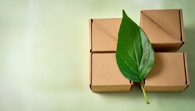 kraft boxes from recyclable organic materials with green leaf eco friendly packaging zero waste and plastic free concept