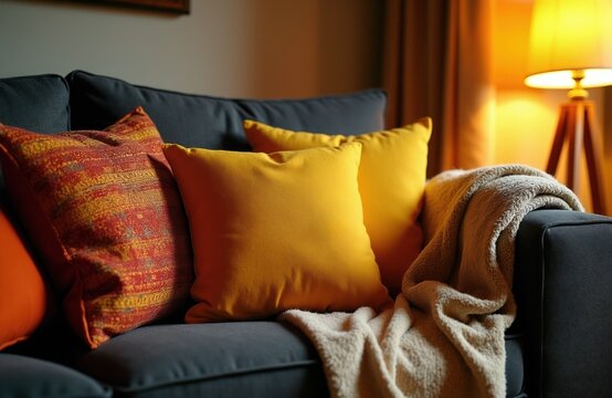 Cozy living room sofa with plush cushions in warm yellow and patterned red. Soft blanket draped over dark grey couch armrest. Relaxing home ambiance with warm lamp light.