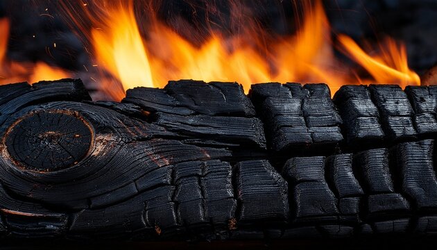 black charred and scorched wood with glowing embers background
