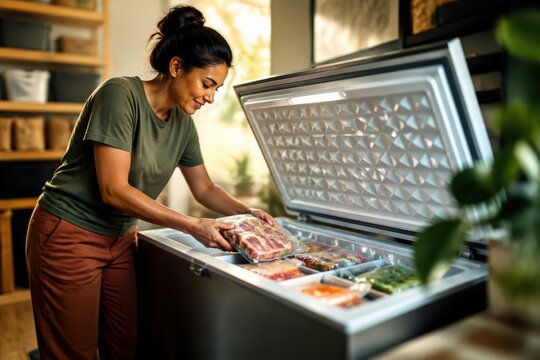 Woman organizing frozen food in a chest freezer at home in warm kitchen light