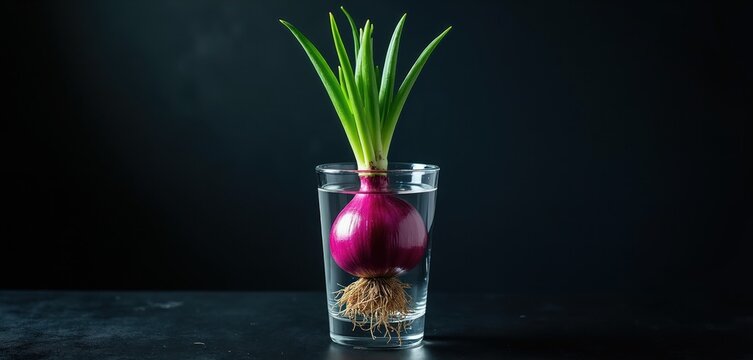Red onion grows green sprouts in clear glass of water. Bulb sprouts roots and leaves while submerged in liquid. Vegetable regrows for cooking or gardening.