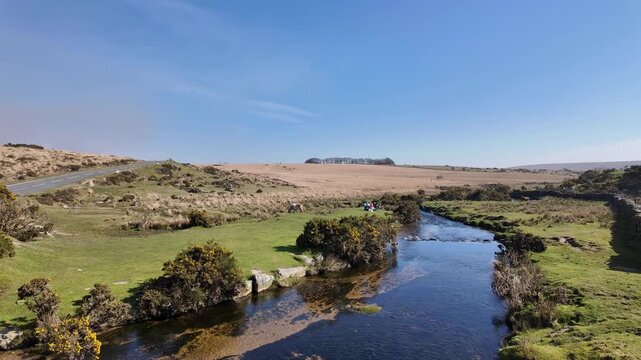 Dartmoor Devon England UK. 27.03.2026. Video. A tranquil river flows through a grassy moorland dotted with gorse bushes and a traditional stone wall, under a clear blue sky