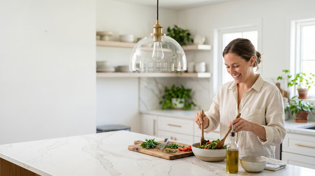 Modern kitchen scene with pendant light over island featuring woman preparing fresh salad with vegetables and olive oil. Engaging kitchen atmosphere inspires healthy cooking and meal preparation.