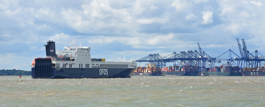 Small Container ship - ferry  approaching dock at Felixstowe Suffolk
