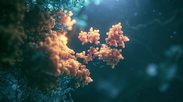 A small enzyme-like molecule interacting with a protein complex in a dark cellular environment, subtly shifting its behavior rather than catalyzing a reaction. Intriguing, high-tech mood, luminous