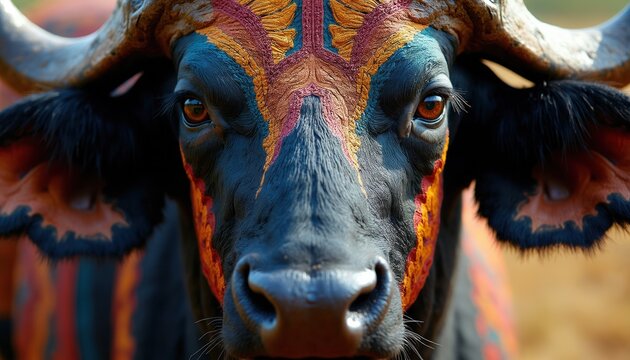 Close up on painted buffalo face, vibrant tribal patterns on fur. Wild animal with orange yellow blue red markings on head and horns. Intense gaze from deep brown eyes.